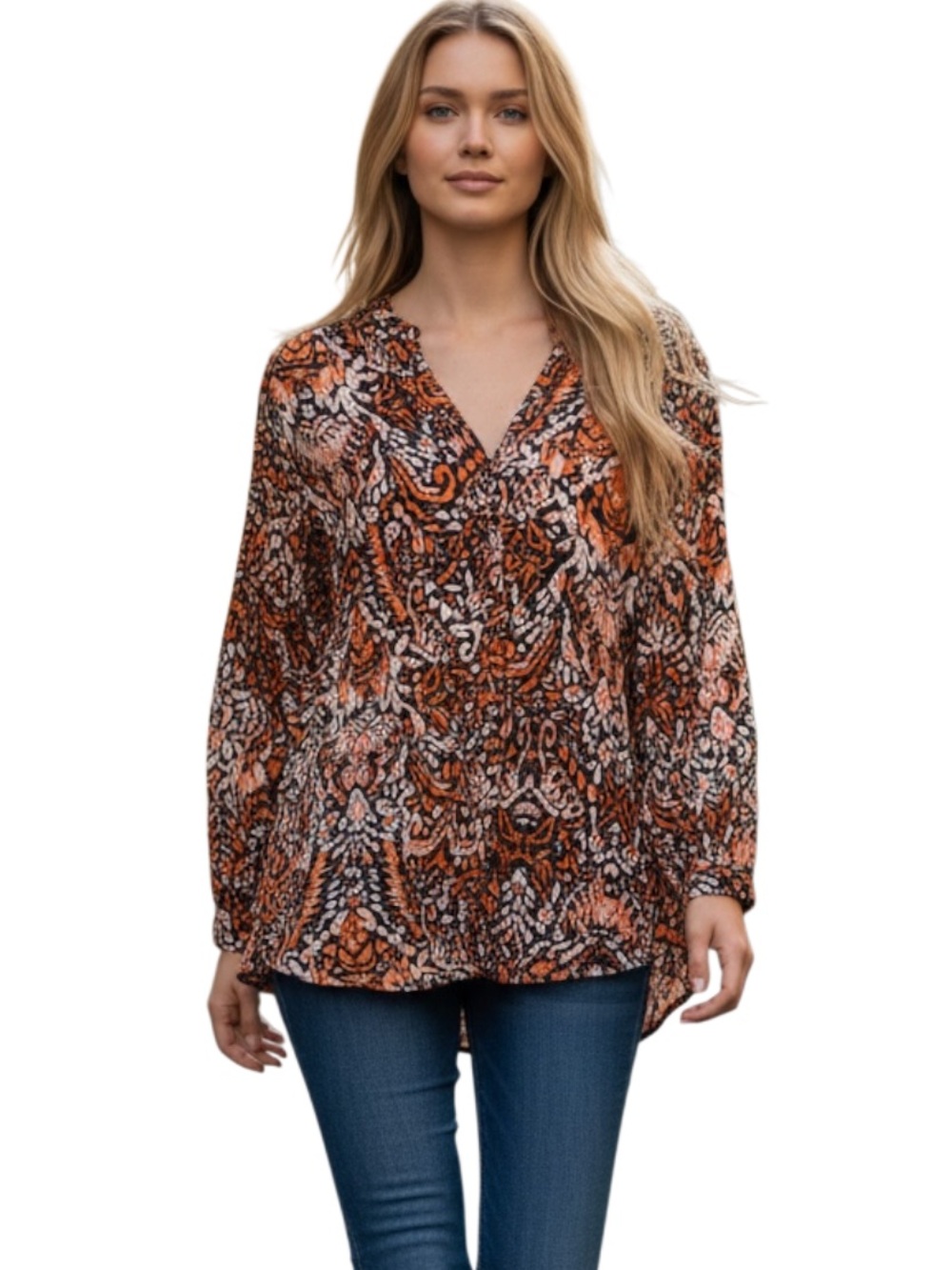 eesome V-Neck Long Sleeve Printed Tunic - Orange, Black, White